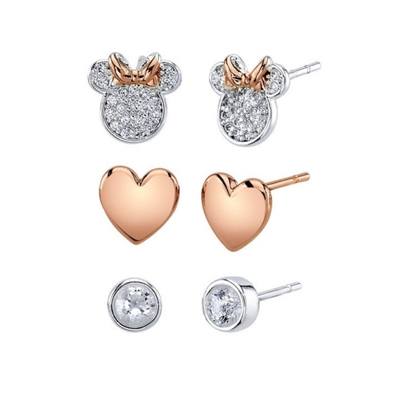 Disney Three Pair Silver Plated Two Tone Rose Gold Heart And Bezel Cubic Zirconi - Picture 2 of 8